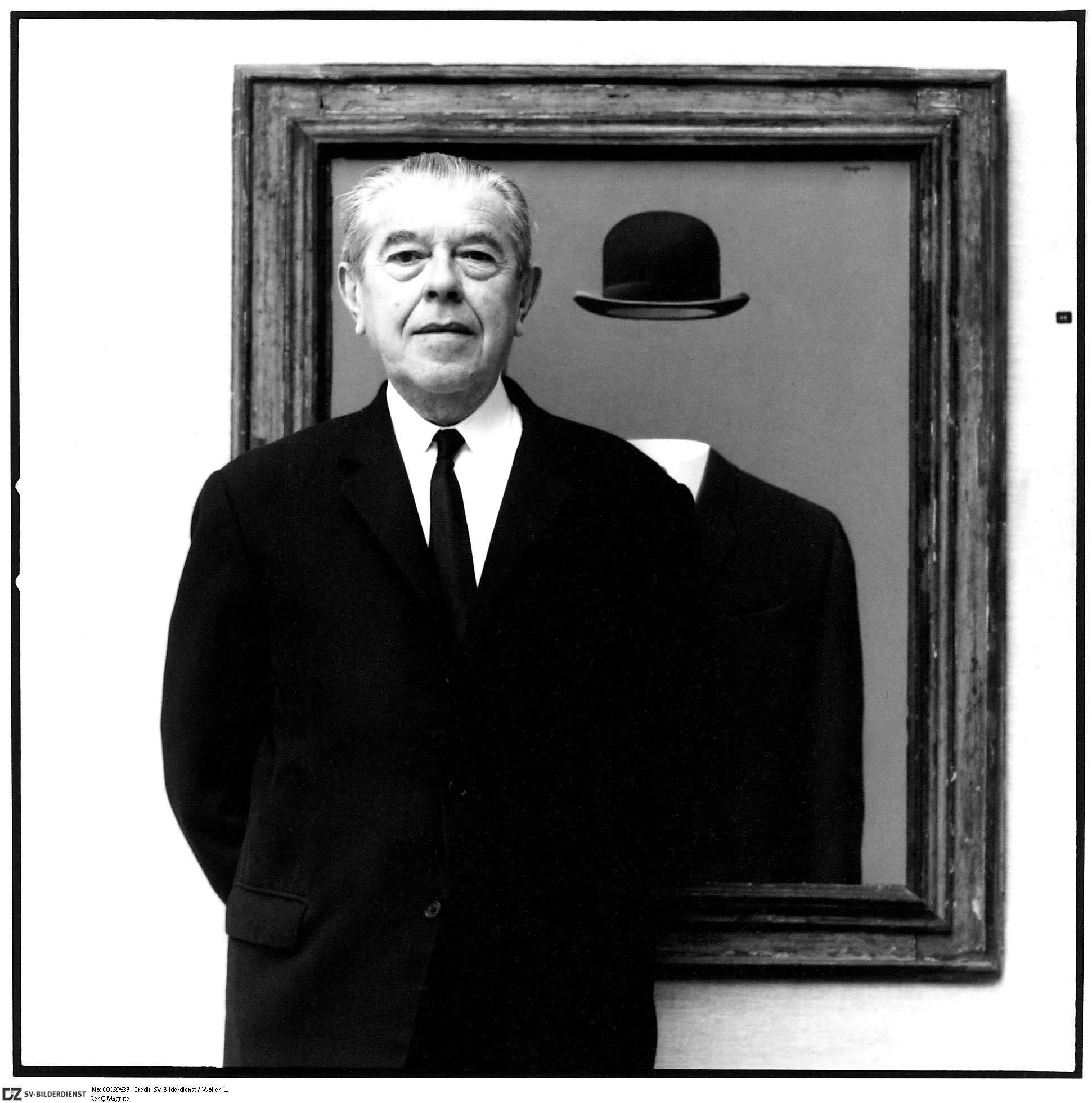 Rene Magritte, whose paintings are listed on the artwork pricing database of art investment platform Masterworks, in front of his own painting. Sueddeutsche Zeitung Photo / Alamy Stock Photo