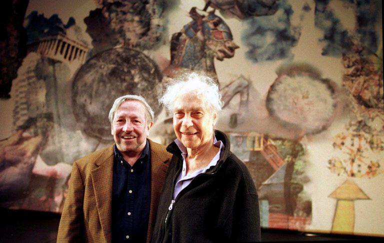 Robert Rauschenberg (left) and Merce Cunningham smiling under the stage design Rauschenberg had set for Cunnigham's 'Interscape dedicated to teatro La Fenice' at the La Fenice theatre of Venice, Italy. dpa picture alliance archive / Alamy Stock Photo
