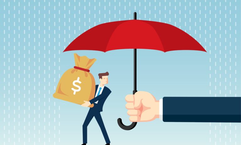 Arm holding umbrella over a man holding a bag of money to protect from rain