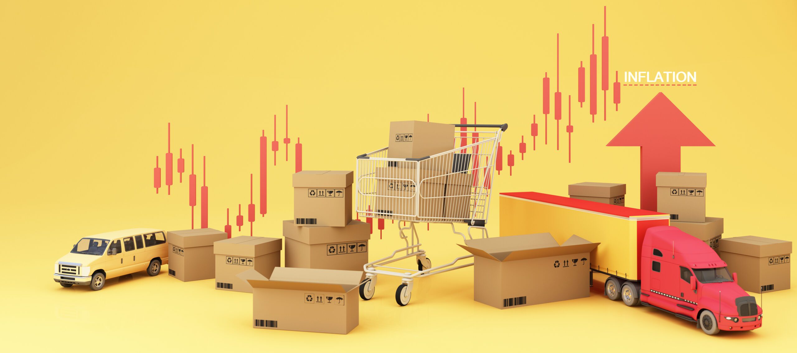 The concept of inflation is increasing. affecting international trade and transportation business in the yellow and red background and transport of the surrounding and cardboard 3d rendering