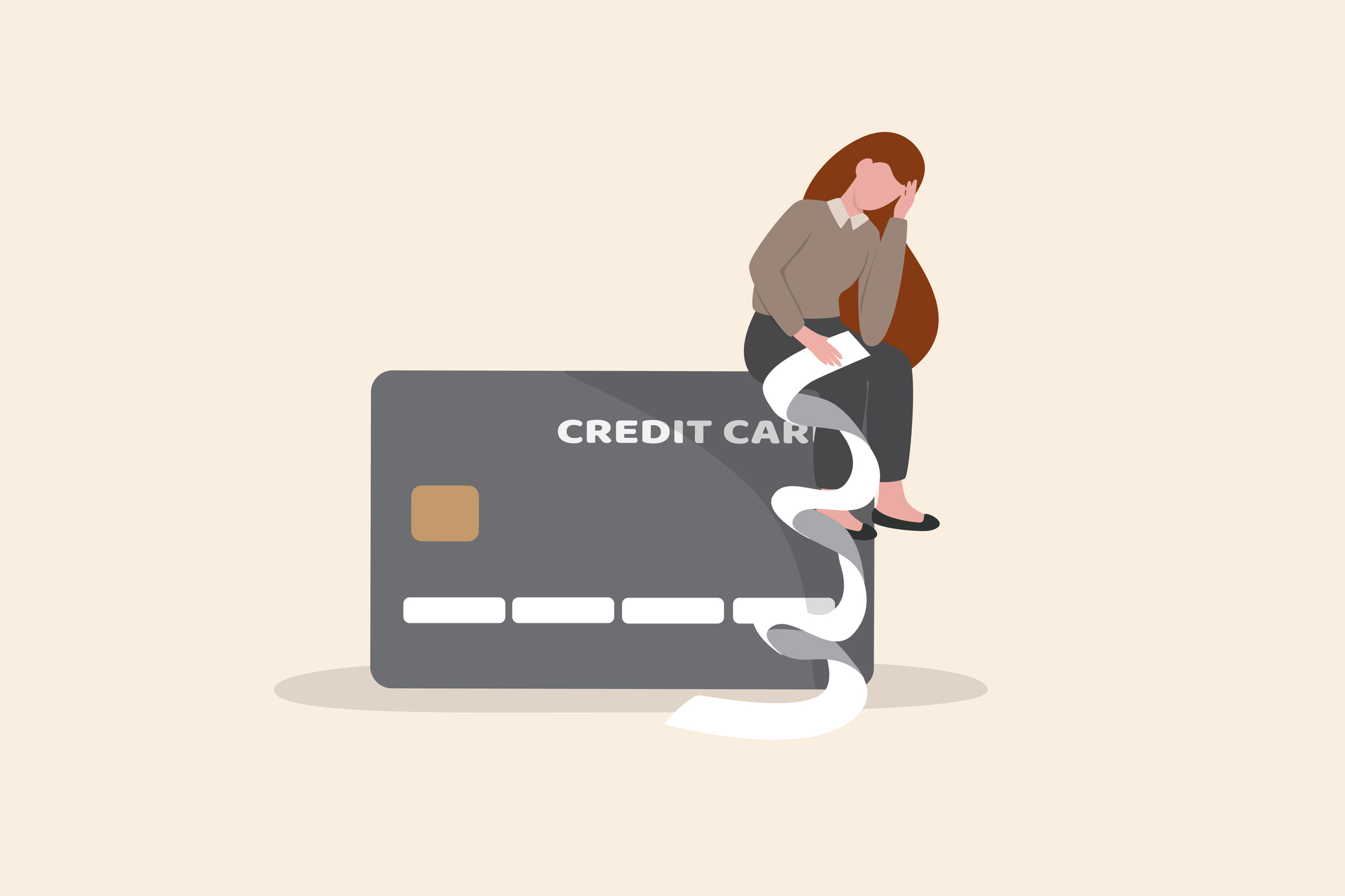 Credit card debt problem, overspend or shopping trouble, consumerism or buying addicted causing financial problem concept, hopeless woman sitting with long list overdue bills on credit card.
