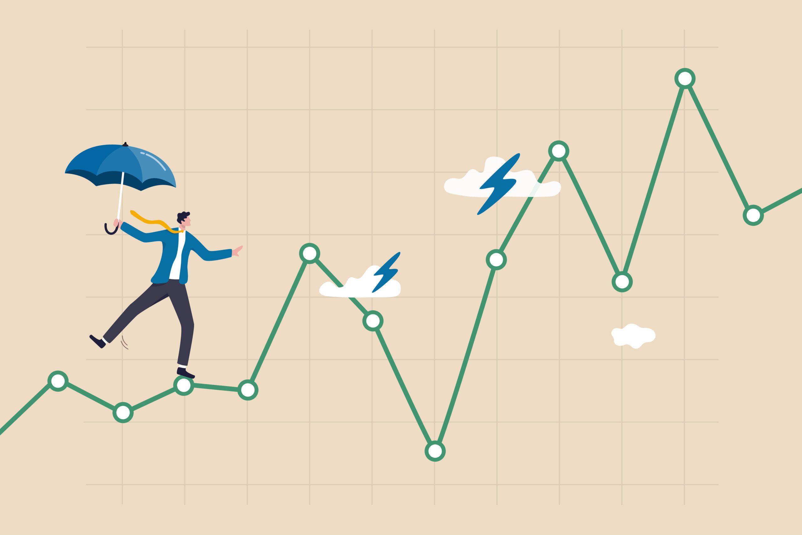 Risk and uncertainty, investment volatility or stock market and crypto currency fluctuation up and down, all weather strategy concept, businessman acrobat planning to walk on risky investment graph.