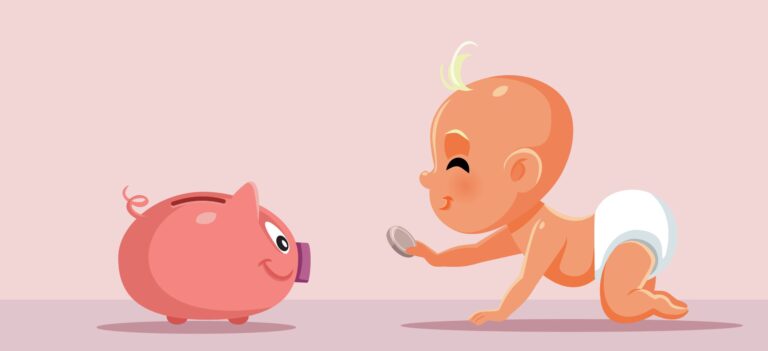 Baby with Piggy Bank Saving Money Vector Cartoon