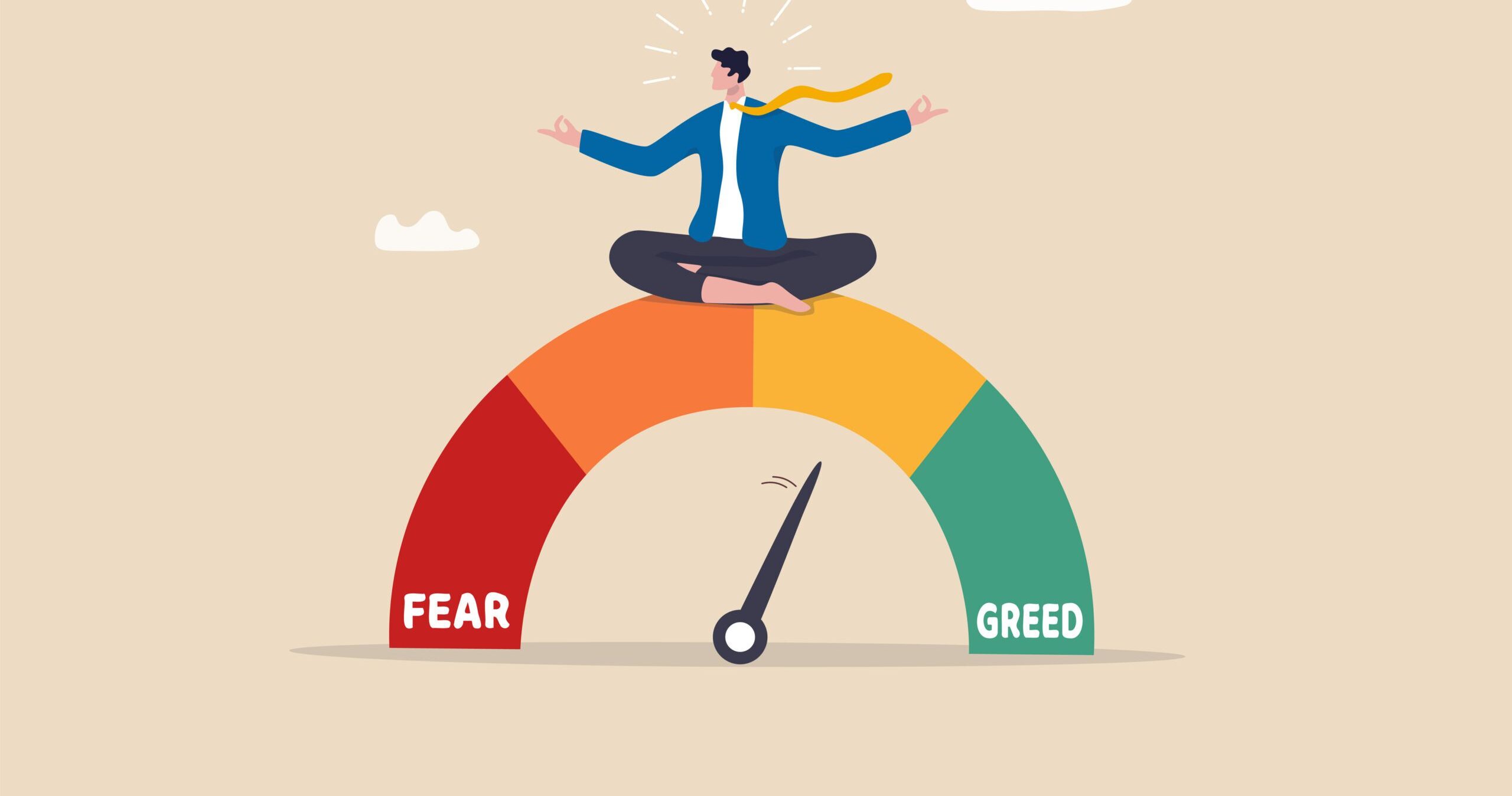 Market sentiment, fear and greed index, emotional on stock market or crypto currency trading indicator, investment risk psychology concept, businessman investor meditating on market sentiment gauge.