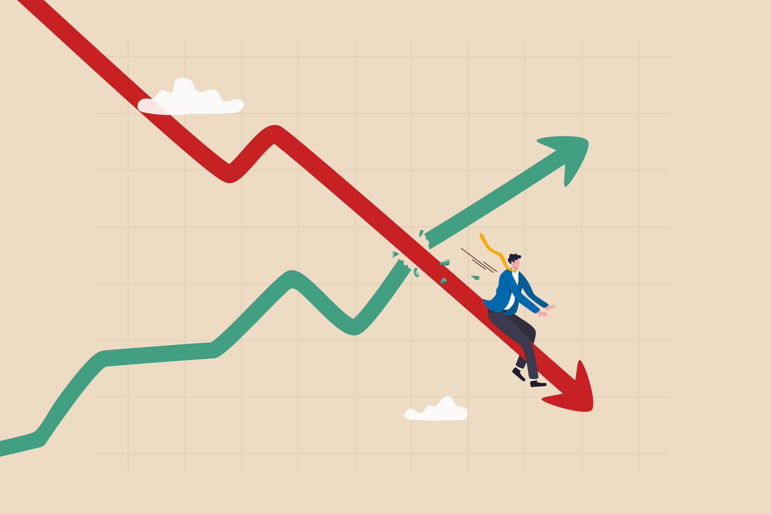 Stagflation, economic slow down or recession while inflation high up, GDP growth decrease causing by unemployment concept, fearful businessman riding fall down economic graph with inflation high up.