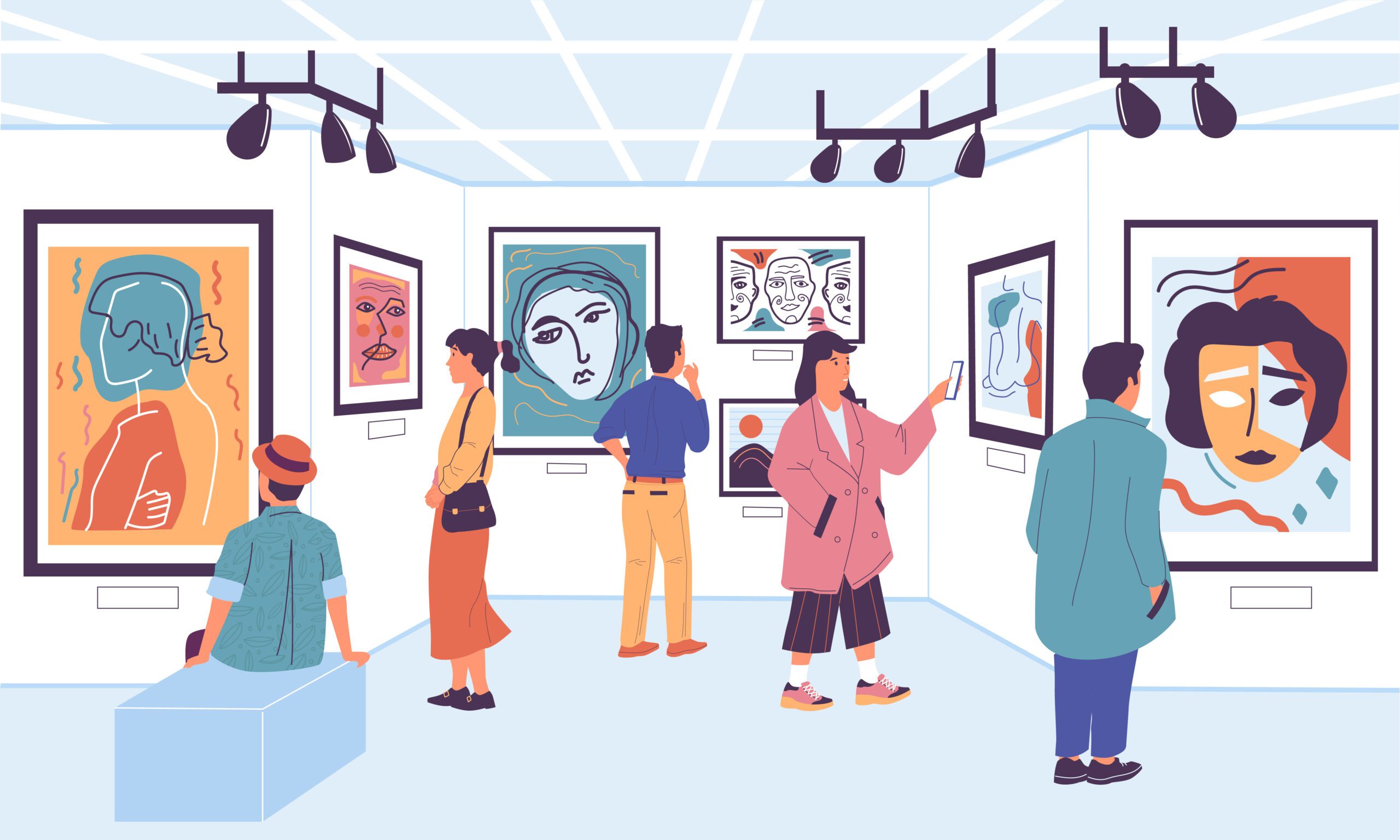 Art gallery. Cartoon people at museum exhibition looking at paintings and artworks, tourists on festival. Vector contemporary exposition visitors