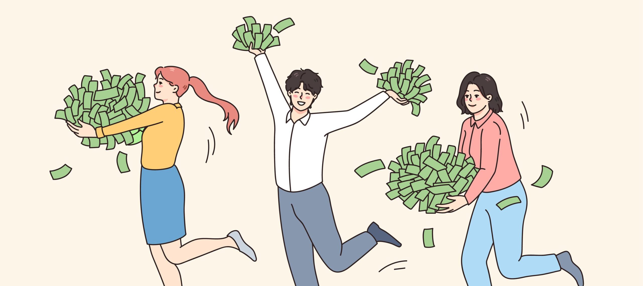 Happy people run with piles of money